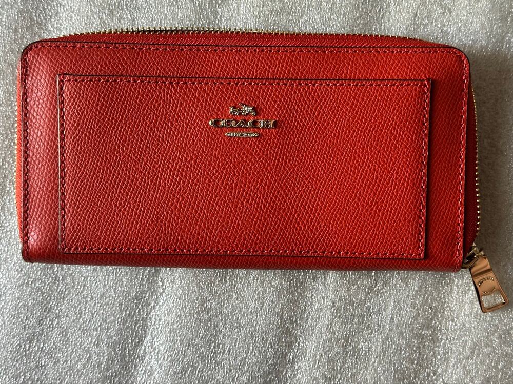 Coach F54007 Burnt Orange Crossgrain Leather Accordion Zip Wallet Gold Hardware